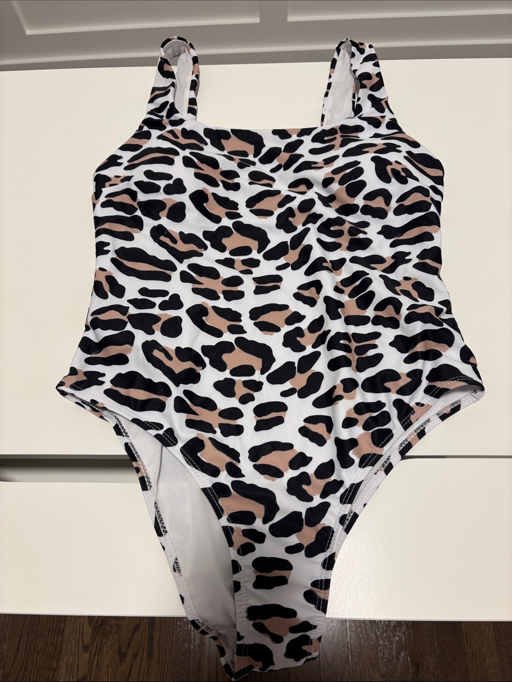 Women’s Leopard Print One-Piece Swimsuit - White, Black & Tan